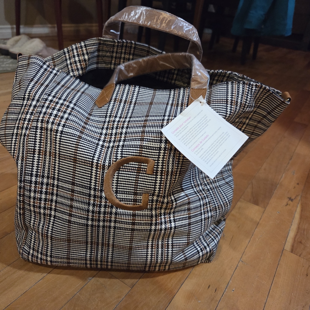 Thirty-One Black and Tan Plaid Tote